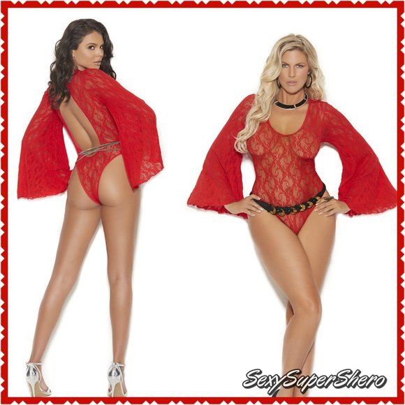 🆕PLUS❤Sexy Lace Bell Sleeve Teddy Lingerie top - Picture 3 of 5